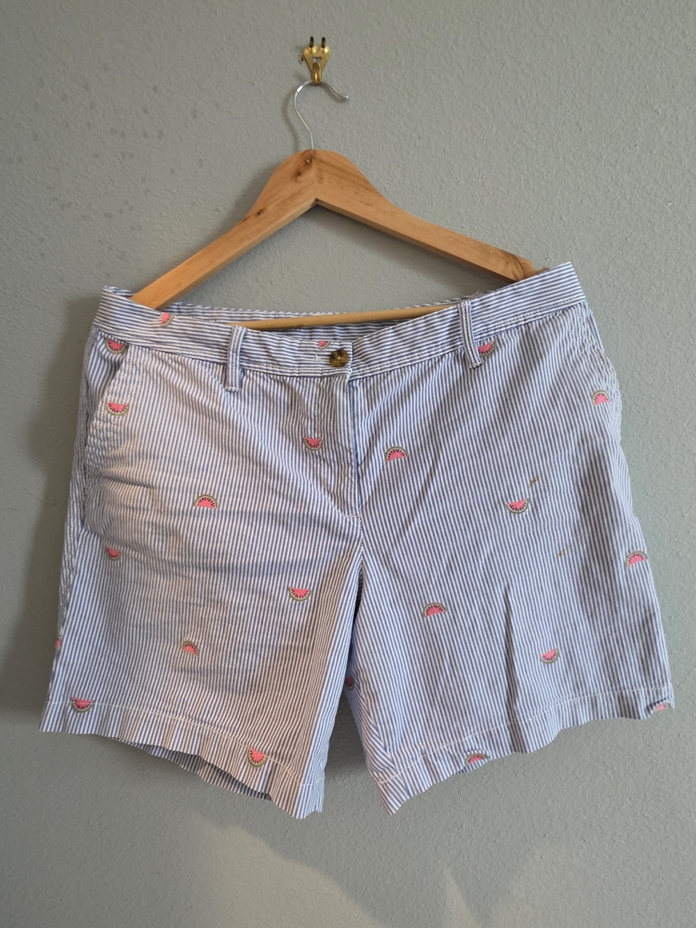 Talbots Blue and White Striped Embroidered Watermelon Bermuda Shorts